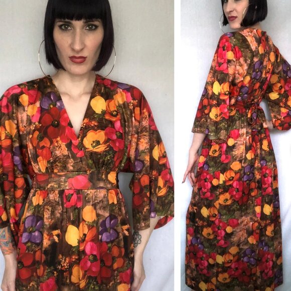 Gorgeous Vintage 1970's Autumnal Floral Print Kimono Sleeve Bohemian Maxi Dress - Picture 7 of 8